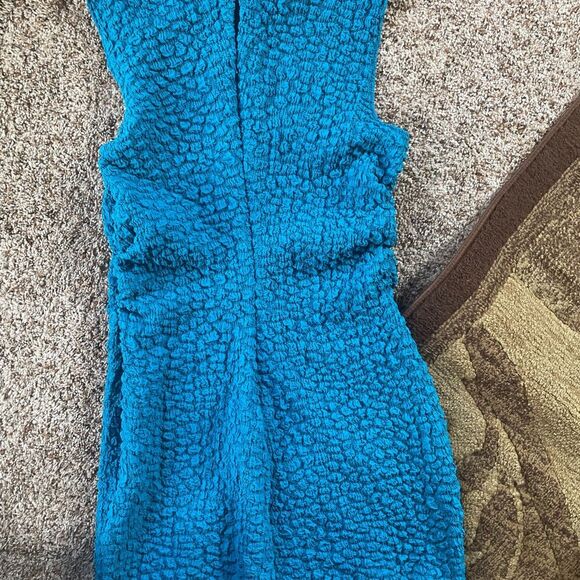 Anthropologie sinched Teal Textured Sleeveless Mini Dress tight at the bottom - Picture 8 of 12